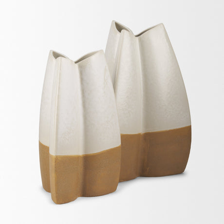 Vania Large Off White w/ Tan Textured Ceramic Vase by Mercana at Eve Furniture