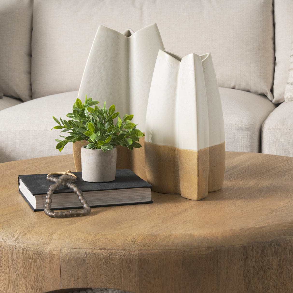 Vania Large Off White w/ Tan Textured Ceramic Vase by Mercana at Eve Furniture