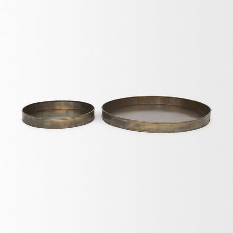 Varun Round Antiqued Brass Metal Tray (Set of 2) by Mercana at Eve Furniture