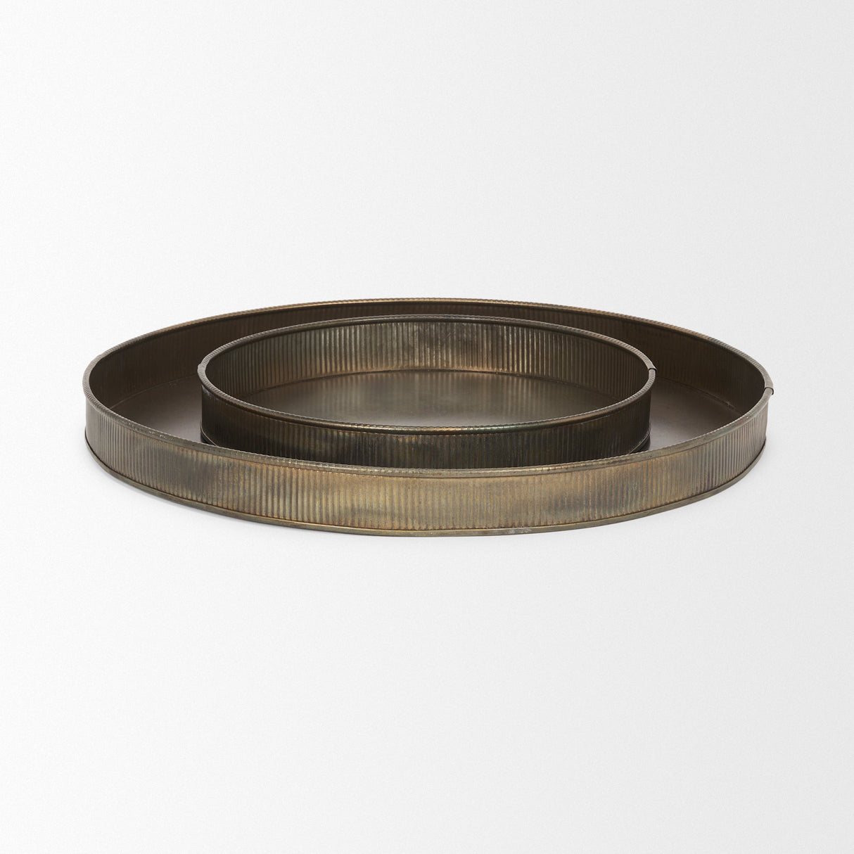 Varun Round Antiqued Brass Metal Tray (Set of 2) by Mercana at Eve Furniture