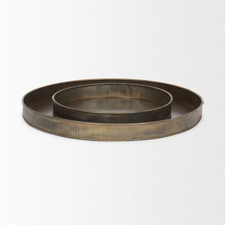 Varun Round Antiqued Brass Metal Tray (Set of 2) by Mercana at Eve Furniture