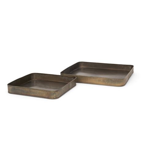 Varun Square Antiqued Brass Metal Tray (Set of 2) by Mercana at Eve Furniture