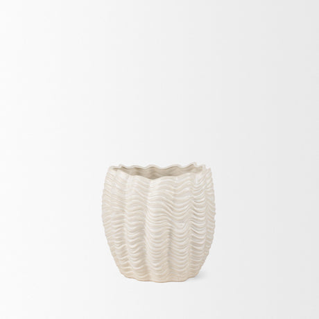 Velia Short Seashell Sculptural Cream Glazed Ceramic Vase by Mercana at Eve Furniture