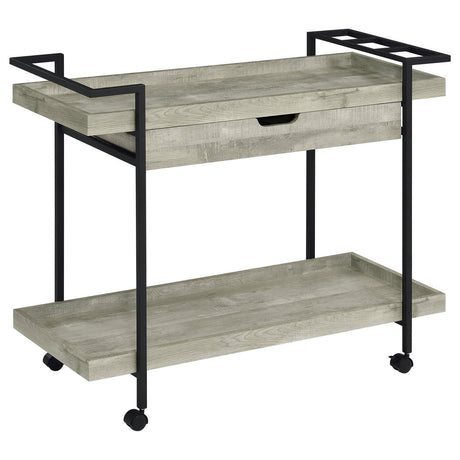 Ventura Gray Driftwood 2-tier Bar Cart with Storage Drawer by Coaster at Eve Furniture