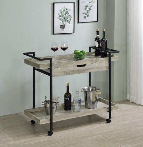 Ventura Gray Driftwood 2-tier Bar Cart with Storage Drawer by Coaster at Eve Furniture