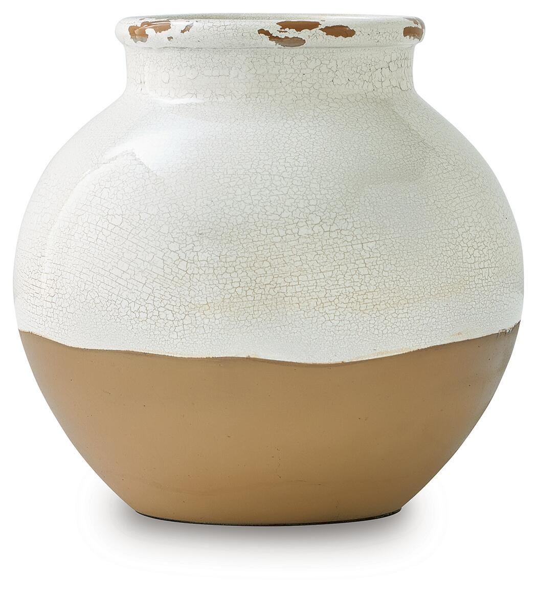 Vercott Cream/Tan Vase by Ashley at Eve Furniture