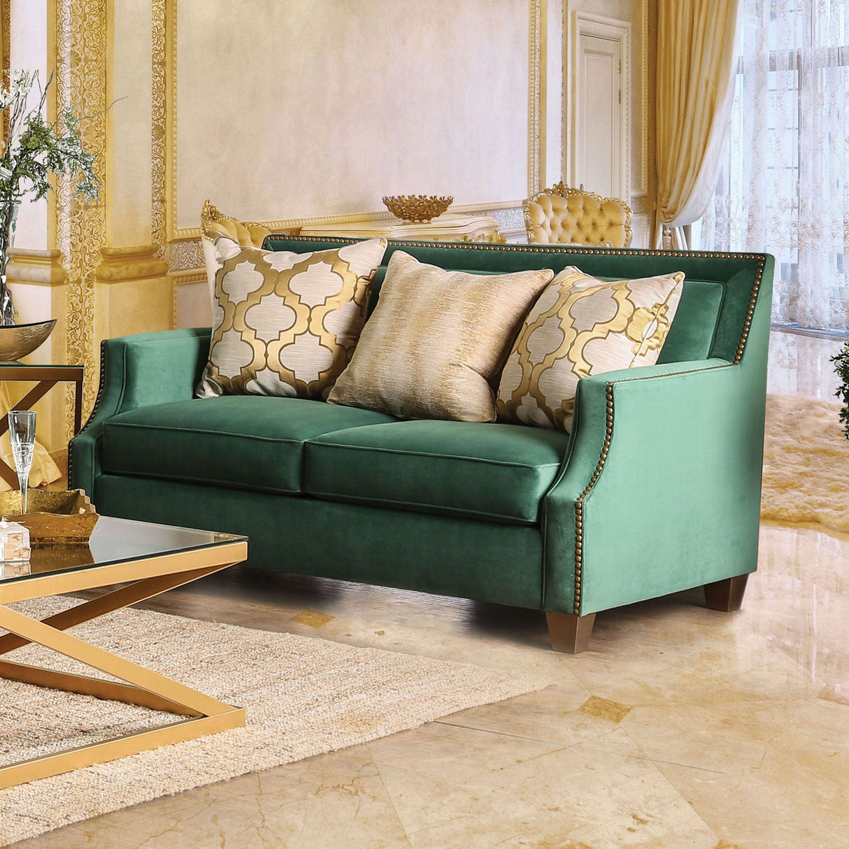 Verdante Emerald Green/Gold Sofa & Loveseat by Furniture of America at Eve Furniture