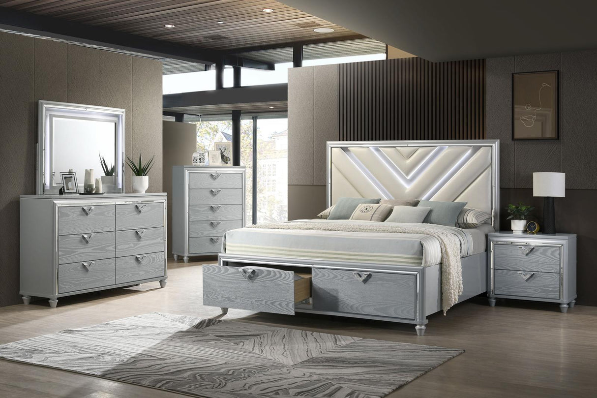 Veronica Light Silver 5-Piece Eastern King Bedroom Set with Upholstered LED Headboard