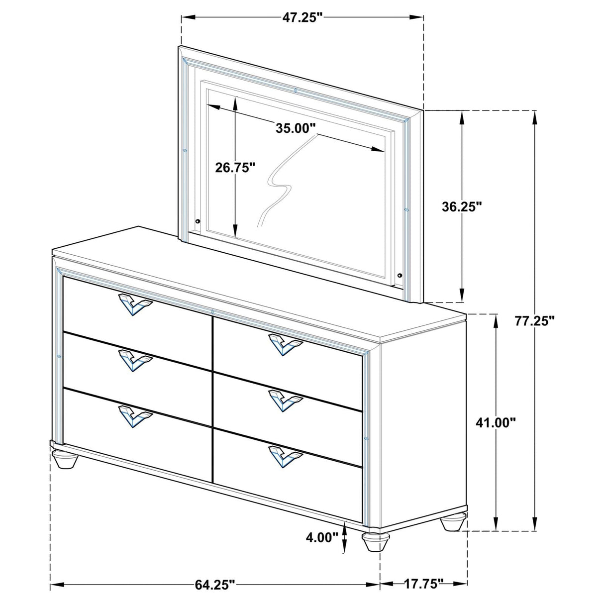 Veronica Light Silver 6-Drawer Bedroom Dresser with Mirror