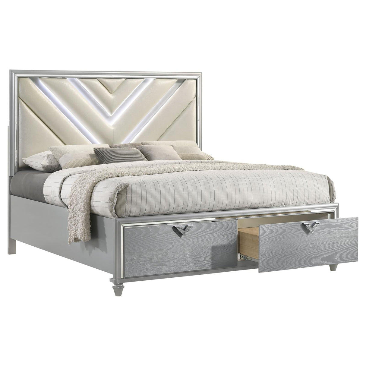 Veronica Queen Platform Storage Bed with Upholstered LED Headboard Light Silver