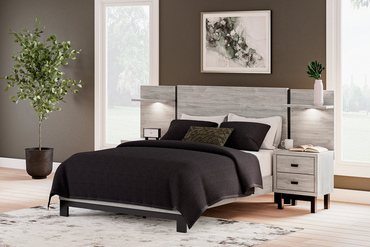 Vessalli Gray Queen Panel Bed with 2 Nightstand by Ashley at Eve Furniture