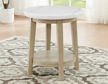 Vida 22″ Round White Marble Top End Table by Steve Silver at Eve Furniture