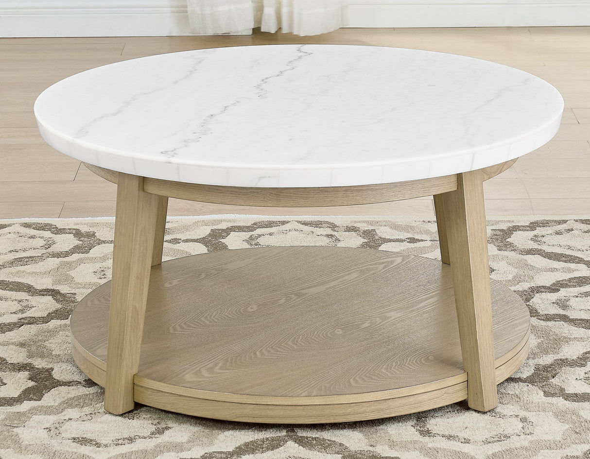 Vida, Round 36″ Cocktail Table, White Marble Top, Castered by Steve Silver at Eve Furniture