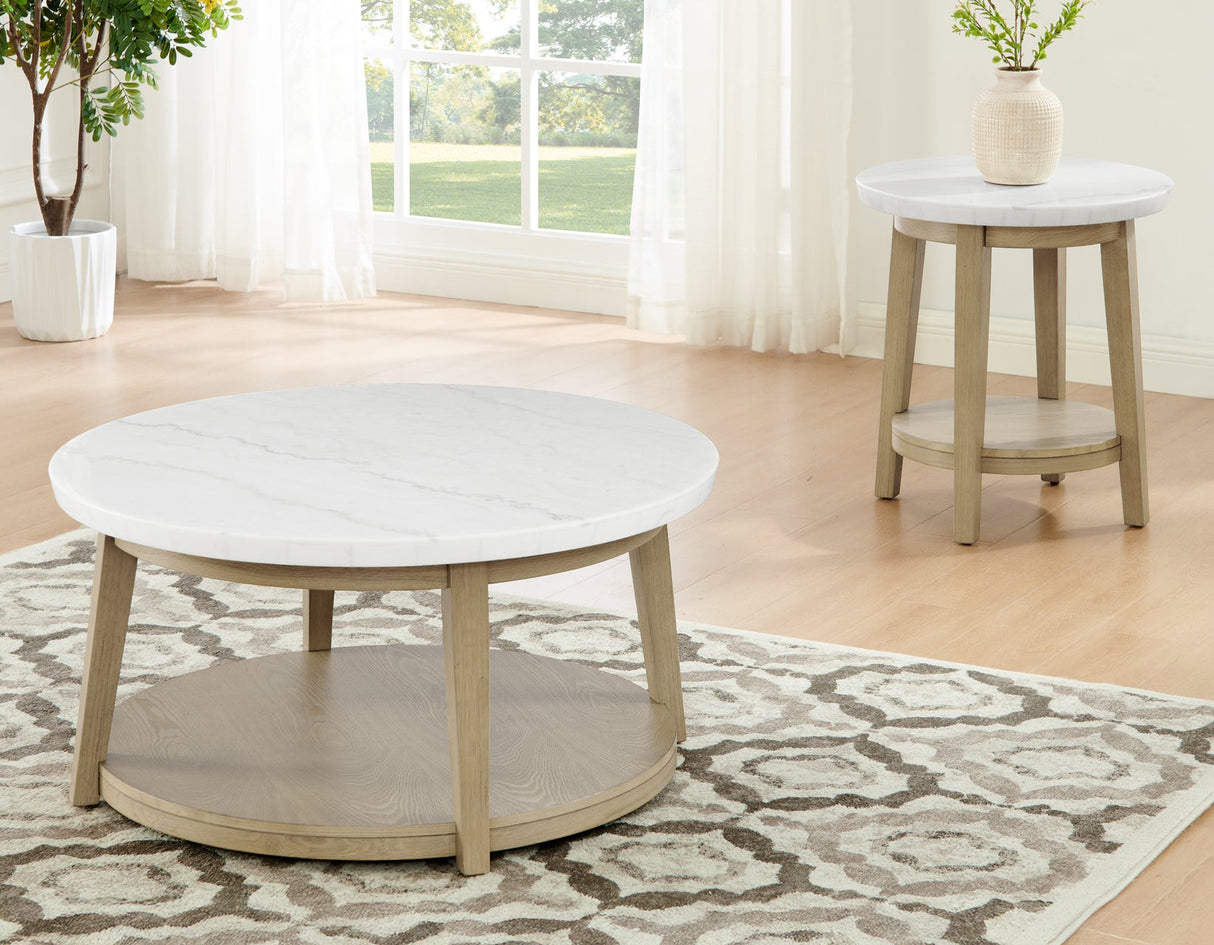 Vida Round 36″ White Marble Top Cocktail Table with Casters by Steve Silver at Eve Furniture