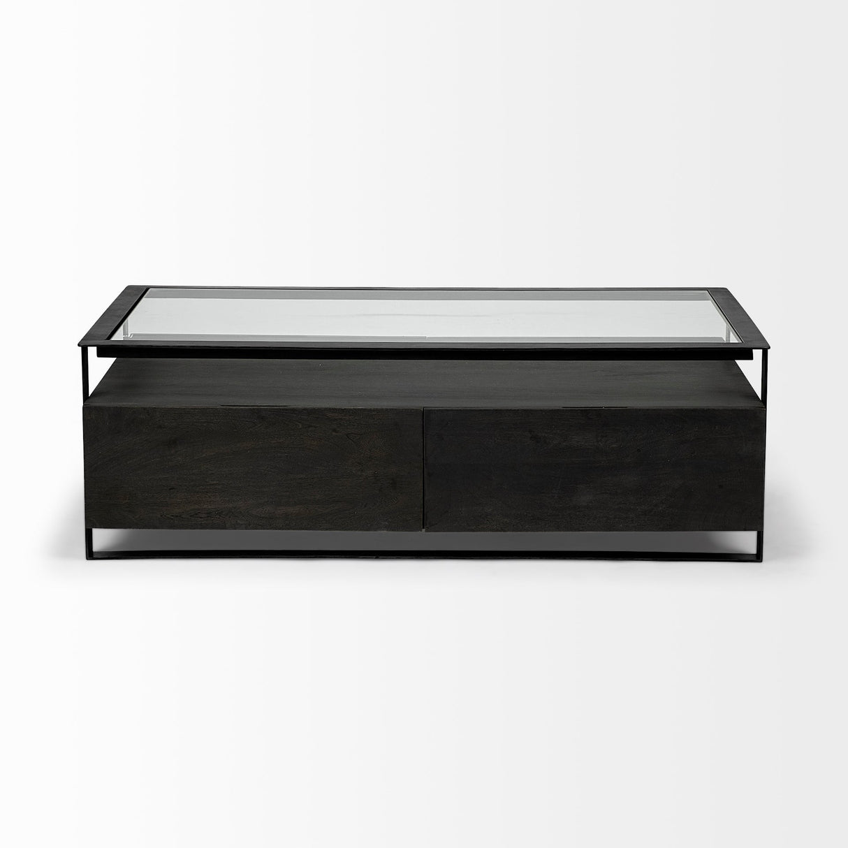 Vidro 54x30 Rectangular Glass Top Black Solid Wood Drawers & Black Frame Coffee Table by Mercana at Eve Furniture