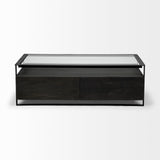 Vidro 54x30 Rectangular Glass Top Black Solid Wood Drawers & Black Frame Coffee Table by Mercana at Eve Furniture