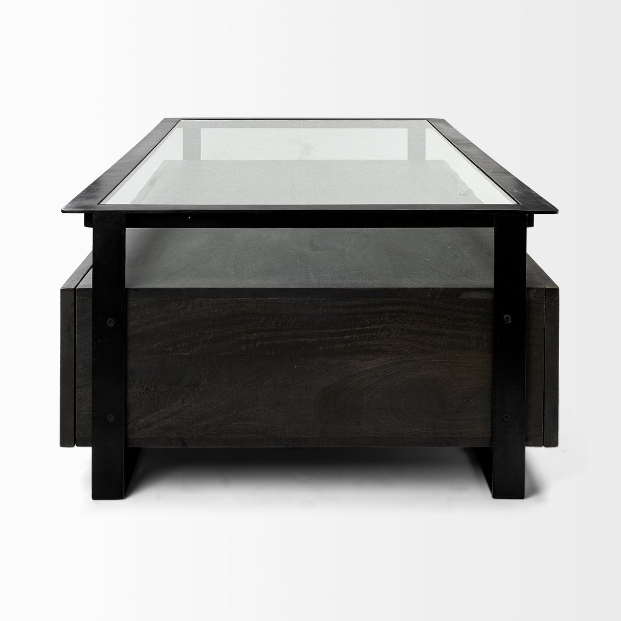 Vidro 54x30 Rectangular Glass Top Black Solid Wood Drawers & Black Frame Coffee Table by Mercana at Eve Furniture