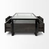 Vidro 54x30 Rectangular Glass Top Black Solid Wood Drawers & Black Frame Coffee Table by Mercana at Eve Furniture