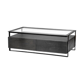 Vidro 54x30 Rectangular Glass Top Black Solid Wood Drawers & Black Frame Coffee Table by Mercana at Eve Furniture