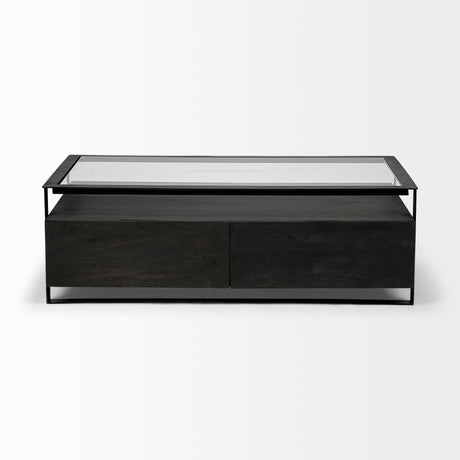 Vidro Rectangular Glass Top Black Solid Wood Drawers & Black Frame Coffee Table by Mercana at Eve Furniture