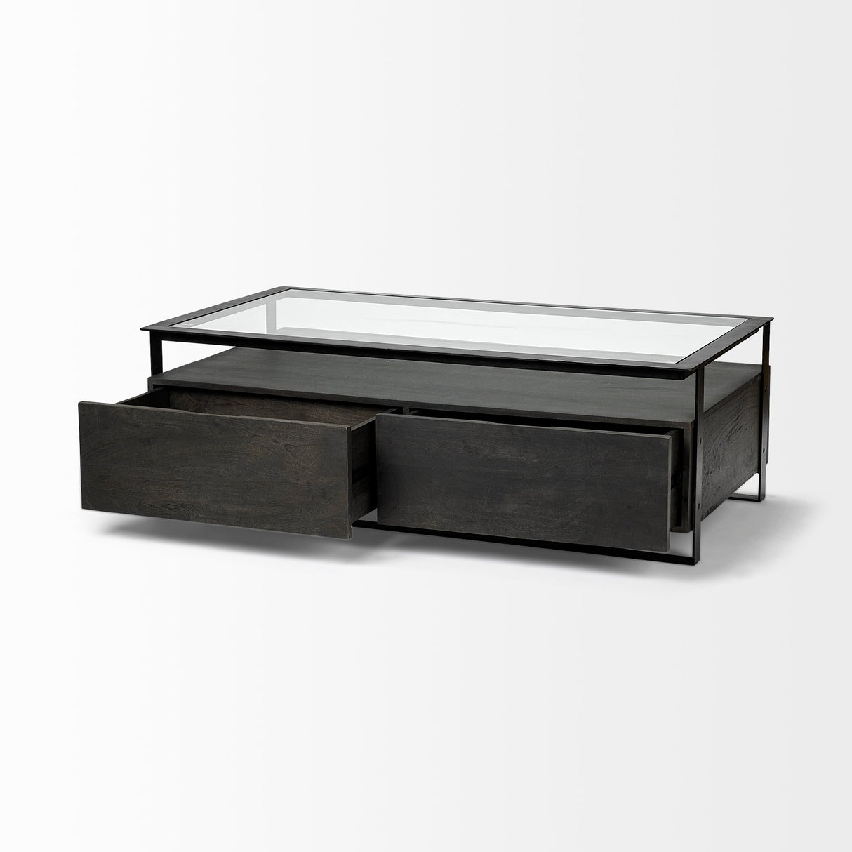 Vidro Rectangular Glass Top Black Solid Wood Drawers & Black Frame Coffee Table by Mercana at Eve Furniture
