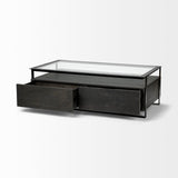 Vidro Rectangular Glass Top Black Solid Wood Drawers & Black Frame Coffee Table by Mercana at Eve Furniture