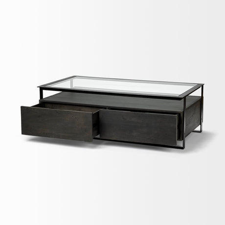 Vidro Rectangular Glass Top Black Solid Wood Drawers & Black Frame Coffee Table by Mercana at Eve Furniture