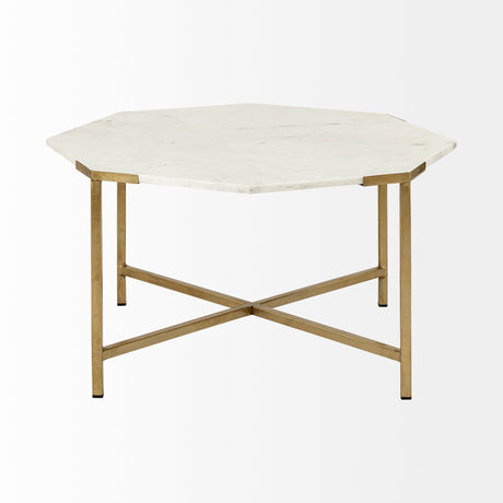 Vincent Octagonal White Marble Tabletop w/ Gold Metal Base Coffee Table by Mercana at Eve Furniture
