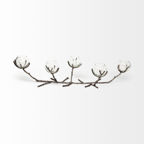 Vine I Distressed Silver Metal Creeper Five Candle Table Candle Holder by Mercana at Eve Furniture