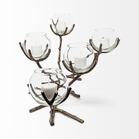 Vine II Distressed Gold Metal Creeper Five Candle Table Candle Holder by Mercana at Eve Furniture