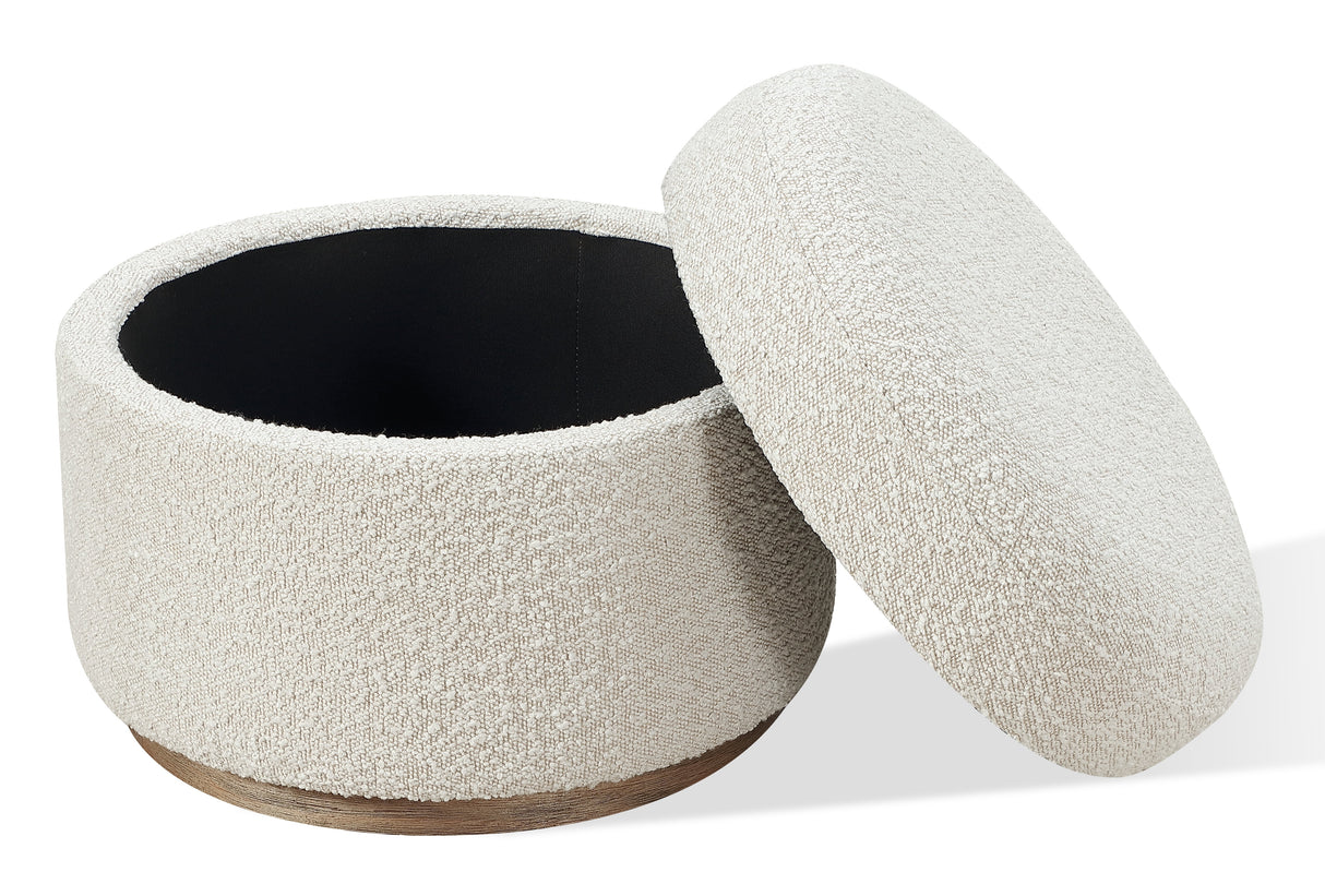 Virgil Off-White Upholstered Storage Ottoman in Ricotta Boucle by Modus Furniture at Eve Furniture