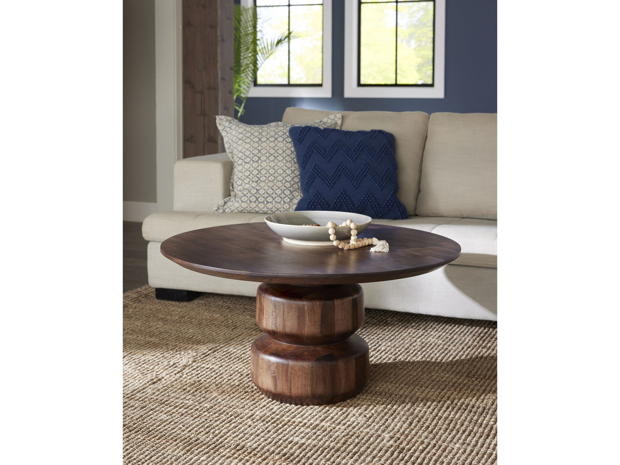 Virton Smoked Brown Solid Wood Round Coffee Table by Modus Furniture at Eve Furniture