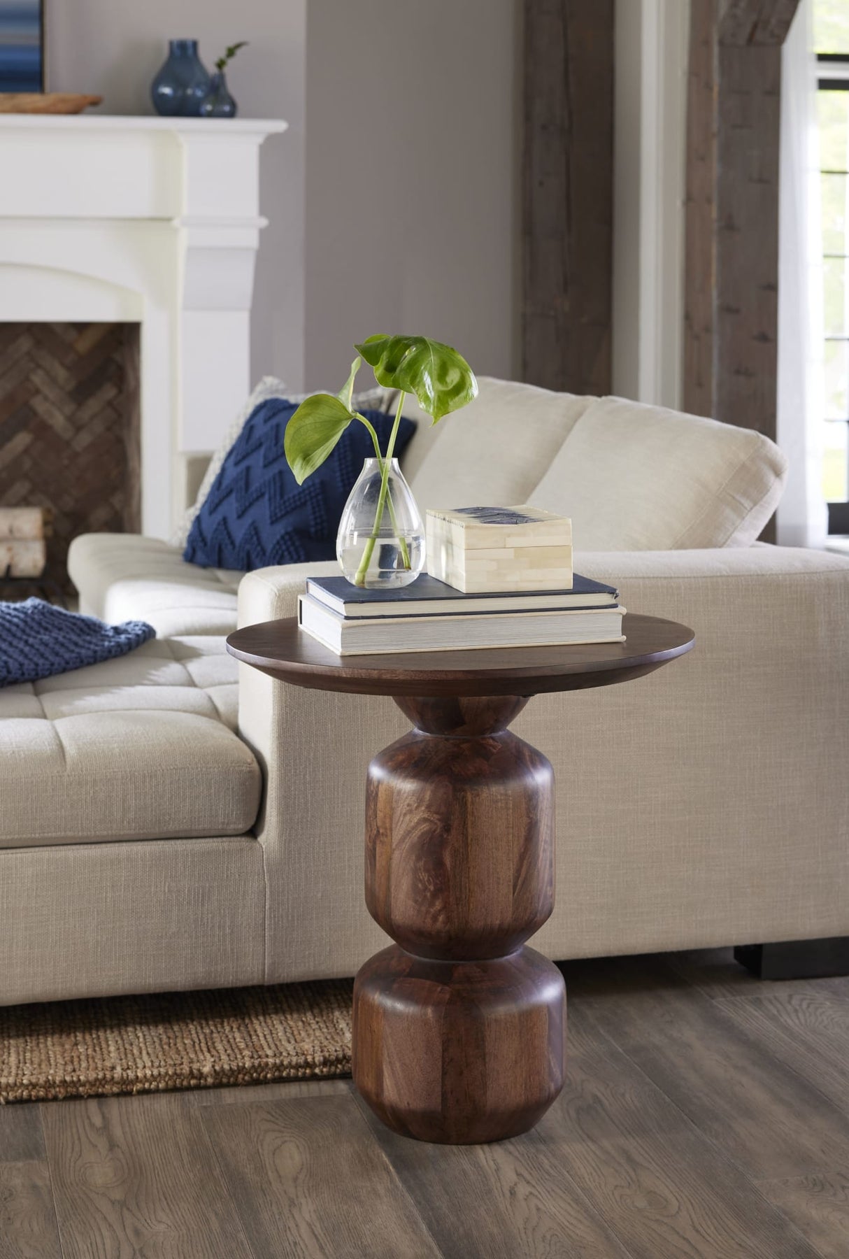 Virton Smoked Brown Solid Wood Round End Table by Modus Furniture at Eve Furniture