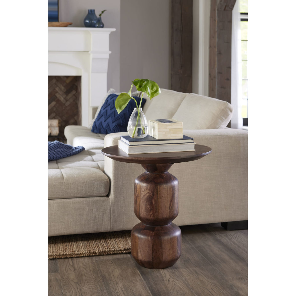 Virton Solid Wood Round End Table in Smoked Brown by Modus Furniture at Eve Furniture