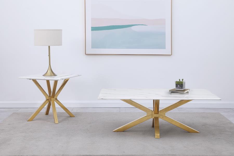 Visalia White and Gold 2-Piece Faux Marble Coffee and End Table Set by Coaster at Eve Furniture