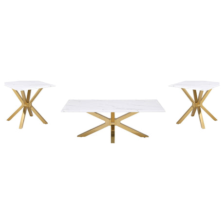 Visalia White and Gold 3-Piece Faux Marble Coffee and End Table Set by Coaster at Eve Furniture