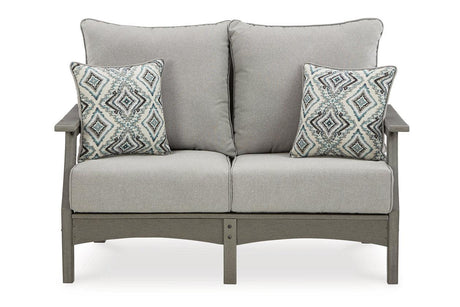 Visola Gray Outdoor Loveseat and 2 Chairs with Coffee Table by Ashley at Eve Furniture