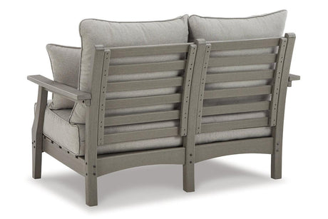 Visola Gray Outdoor Loveseat and 2 Chairs with Coffee Table by Ashley at Eve Furniture