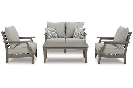 Visola Gray Outdoor Loveseat and 2 Chairs with Coffee Table by Ashley at Eve Furniture