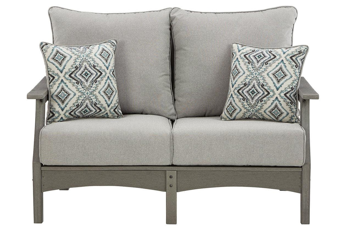 Visola Gray Outdoor Loveseat with Cushion by Ashley at Eve Furniture