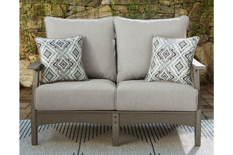 Visola Gray Outdoor Loveseat with Cushion by Ashley at Eve Furniture
