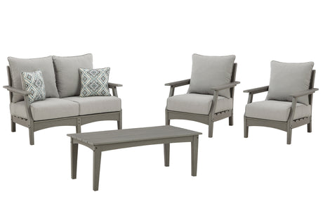 Visola Outdoor Loveseat and 2 Lounge Chairs with Coffee Table in Gray