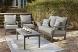 Visola Gray Outdoor Loveseat and 2 Chairs with Coffee Table by Ashley at Eve Furniture