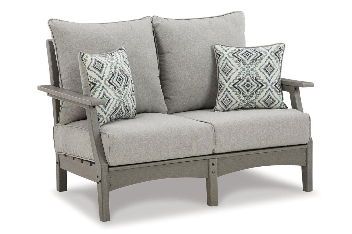 Visola Gray Outdoor Loveseat and 2 Chairs with Coffee Table by Ashley at Eve Furniture