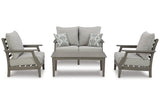 Visola Gray Outdoor Loveseat and 2 Chairs with Coffee Table by Ashley at Eve Furniture