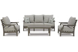 Visola Gray Outdoor Sofa and 2 Chairs with Coffee Table by Ashley at Eve Furniture