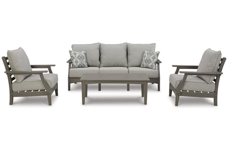 Visola Gray Outdoor Sofa and 2 Chairs with Coffee Table by Ashley at Eve Furniture