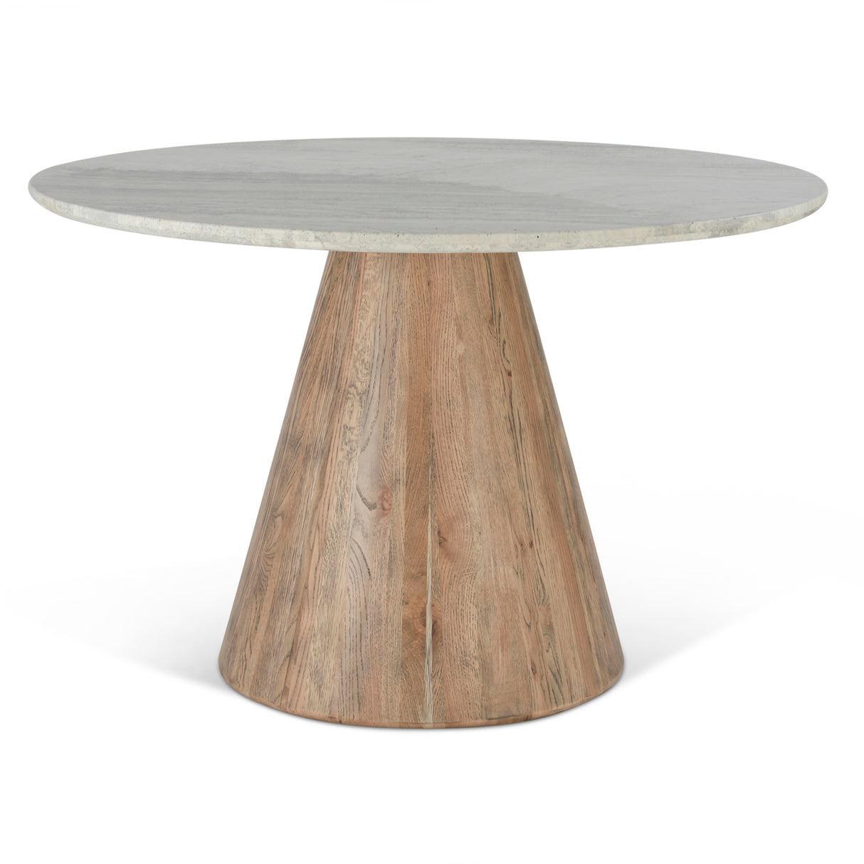 Vista 48" Round Dining Table with White Travertine and Light Mango Base by Home Trends & Design at Eve Furniture