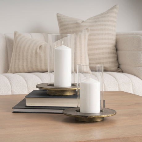 Vivian Gold Metal and Glass Hurricane Candle Holder (Set of 2) by Mercana at Eve Furniture