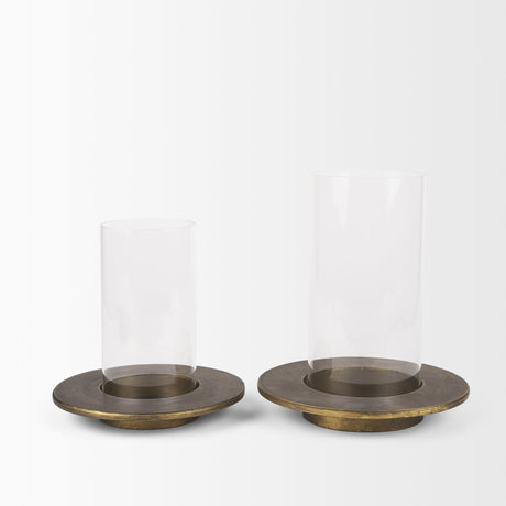 Vivian Gold Metal and Glass Hurricane Candle Holder (Set of 2) by Mercana at Eve Furniture